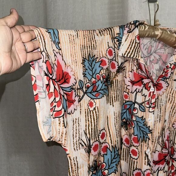 CUPSHE OS Oversized Collared Button Front Stripe Floral Swim Coverup Shirt - Picture 10 of 12